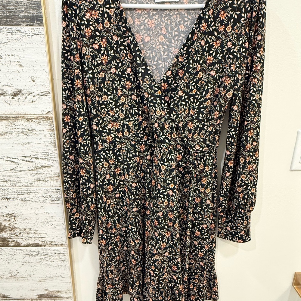 Kaileigh Black Floral Wrap Dress with Peach and Cream Blooms